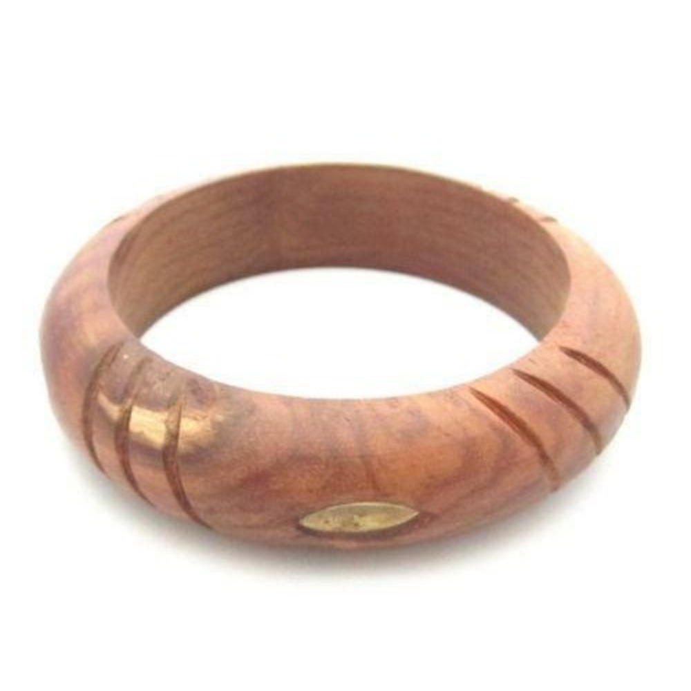 Boho 1970's Vintage Wood Carved Tribal Thick Bangle Bracelet*Gold Tone‎ Accents